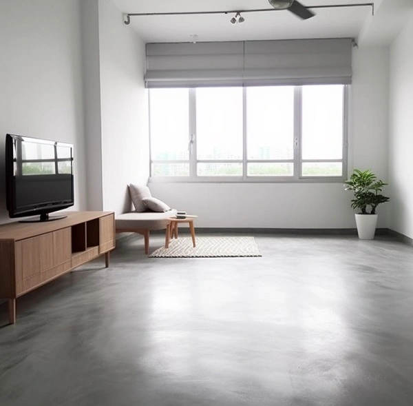 Cement screed flooring in HDB flat living room.